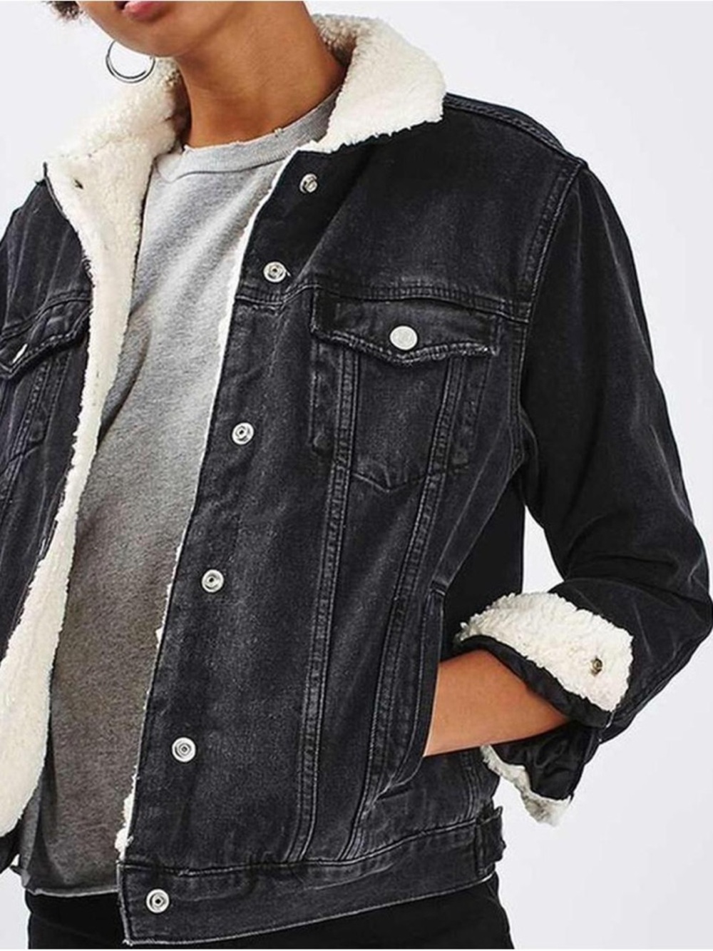 Topshop Black Denim Sherpa-Lined Jean Jacket